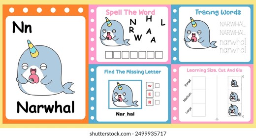 worksheets pack for kids a cute narwhal vector. 