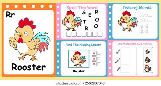 worksheets pack for kids a cute rooster vector. 