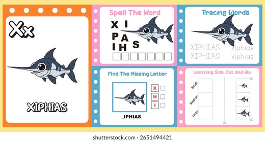 worksheets pack for kids a cute sea animal  vector. 