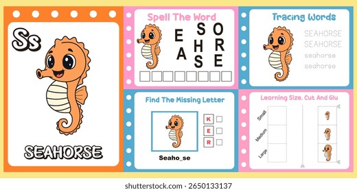 worksheets pack for kids a cute seahorse vector. 