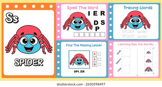 worksheets pack for kids a cute spider vector. 