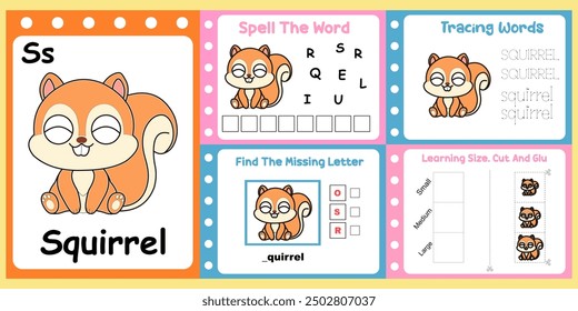 worksheets pack for kids a cute squirrel vector. 