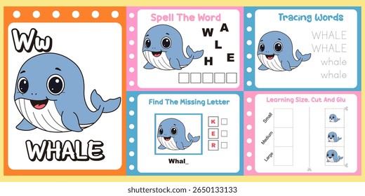 worksheets pack for kids a cute whale vector. 