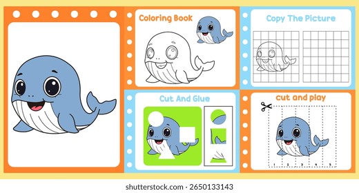 worksheets pack for kids a cute whale vector. 