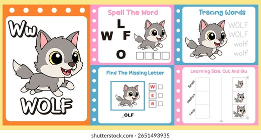 worksheets pack for kids a cute wolf vector. 