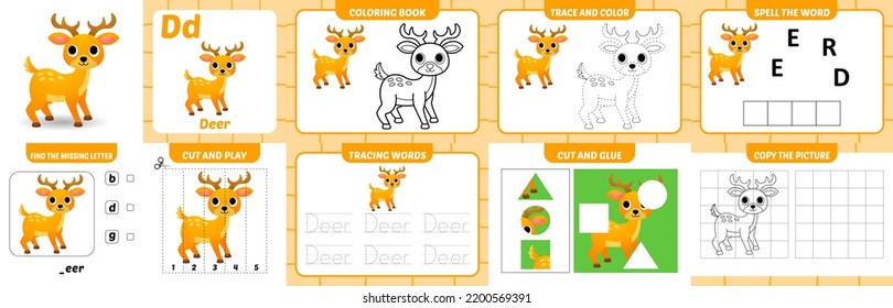 worksheets pack for kids with deer vector