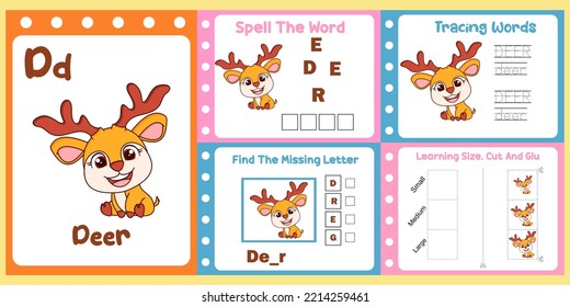 worksheets pack for kids with deer vector. children's study book