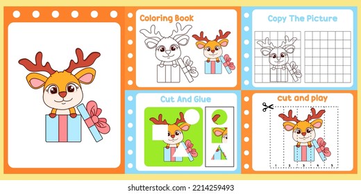 worksheets pack for kids with deer vector. children's study book