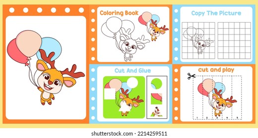 worksheets pack for kids with deer vector. children's study book
