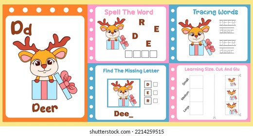 worksheets pack for kids with deer vector. children's study book