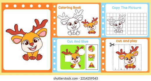 worksheets pack for kids with deer vector. children's study book