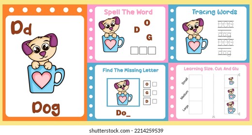 worksheets pack for kids with dog vector. children's study book
