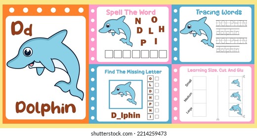 worksheets pack for kids with dolphin vector. children's study book