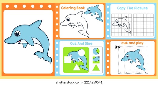 worksheets pack for kids with dolphin vector. children's study book