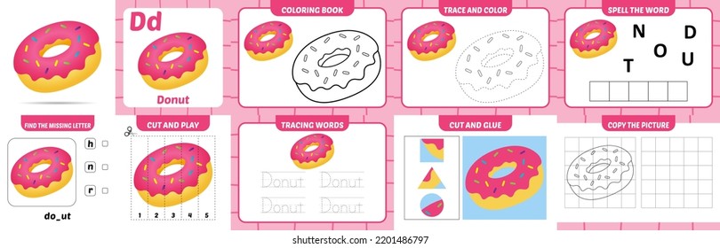 worksheets pack for kids with donut vector