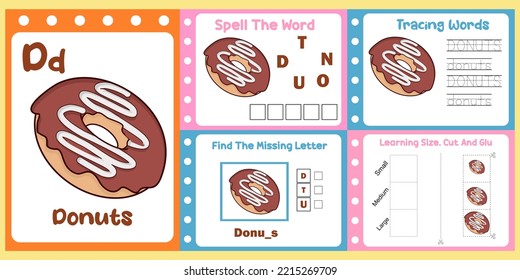 worksheets pack for kids with donuts vector. children's study book