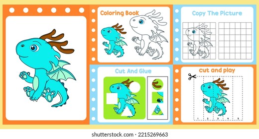 worksheets pack for kids with dragon vector. children's study book