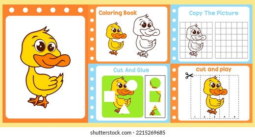 worksheets pack for kids with duck vector. children's study book
