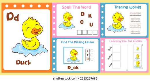 paquete de hojas de trabajo para niños con vector de pato. libro de estudios para niños