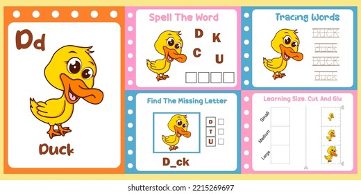 worksheets pack for kids with duck vector. children's study book