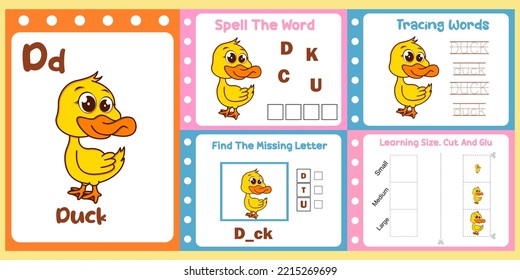 worksheets pack for kids with duck vector. children's study book