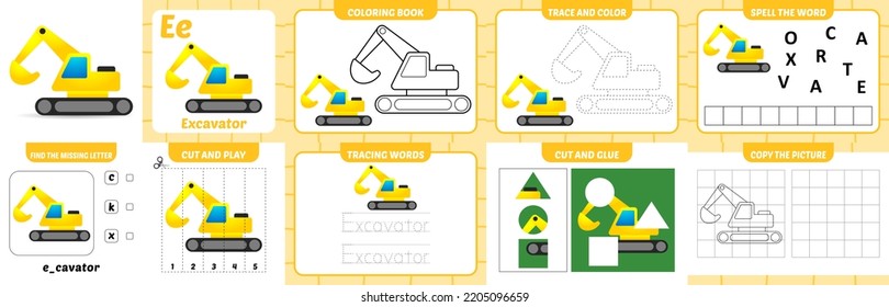 worksheets pack for kids with excavator vector