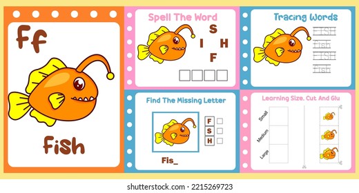 worksheets pack for kids with fish vector. children's study book