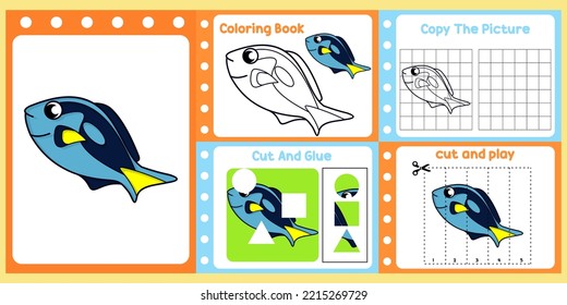paquete de hojas de trabajo para niños con vector de peces. libro de estudios para niños