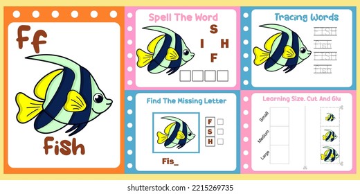 paquete de hojas de trabajo para niños con vector de peces. libro de estudios para niños