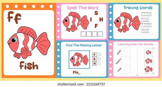 worksheets pack for kids with fish vector. children's study book