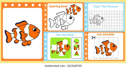 worksheets pack for kids with fish vector. children's study book