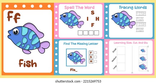 worksheets pack for kids with fish vector. children's study book