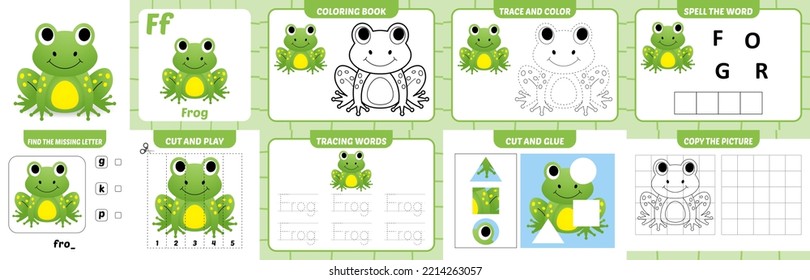 worksheets pack for kids with frog vector