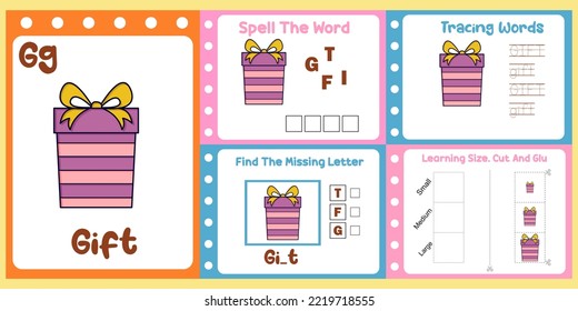 worksheets pack for kids with gift vector. children's study book