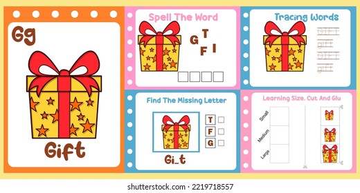 worksheets pack for kids with gift vector. children's study book