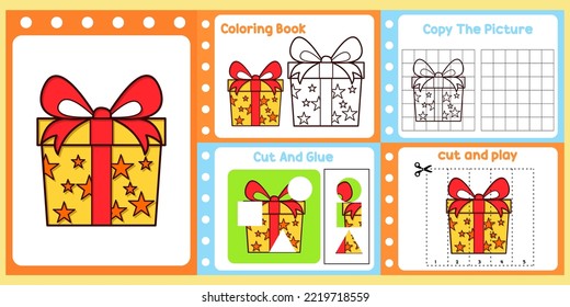 worksheets pack for kids with gift vector. children's study book