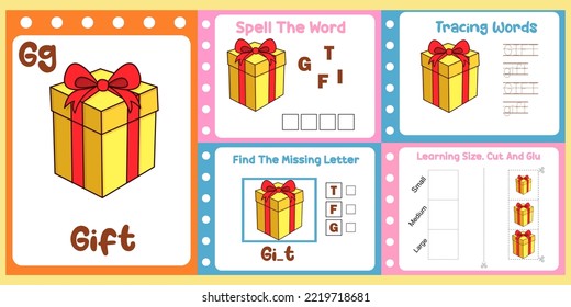 worksheets pack for kids with gift vector. children's study book