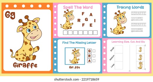 paquete de hojas de trabajo para niños con vector de jirafa. libro de estudios para niños