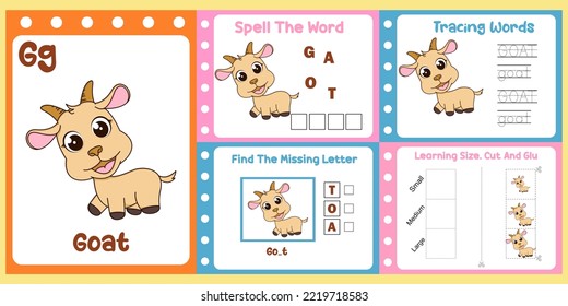 worksheets pack for kids with goat vector. children's study book