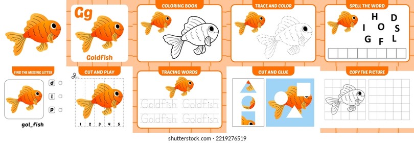 worksheets pack for kids with goldfish vector