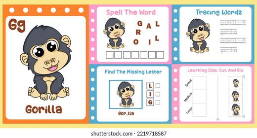 worksheets pack for kids with gorilla vector. children's study book