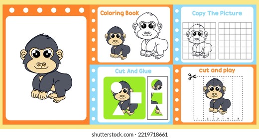 Arbeitsblätter Paket für Kinder mit Gorilla-Vektorgrafik. Kinderstudienbuch