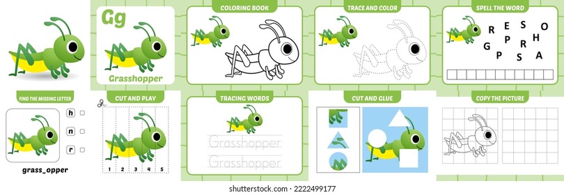 worksheets pack for kids with grasshopper vector