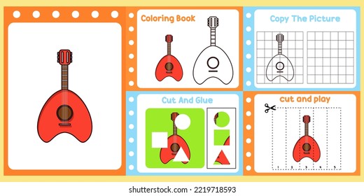 worksheets pack for kids with guitar vector. children's study book