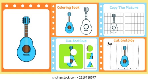 worksheets pack for kids with guitar vector. children's study book