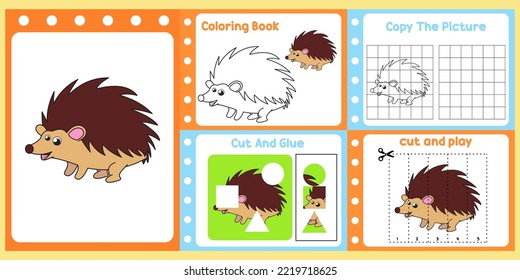 Arbeitsblätter Paket für Kinder mit Hedgehog-Vektorgrafik. Kinderstudienbuch