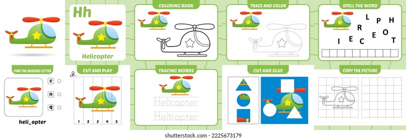 worksheets pack for kids with helicopter vector