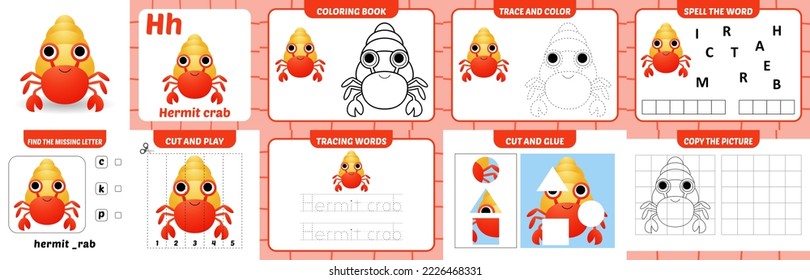 worksheets pack for kids with hermit crab vector