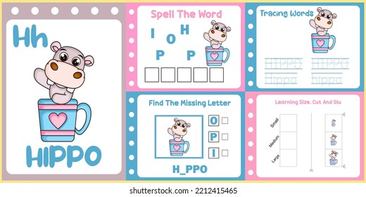 worksheets pack for kids with hippo vector