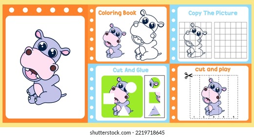 worksheets pack for kids with hippo vector. children's study book